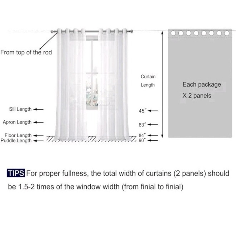 Semi Sheer Curtain Drapes, Set of 2 Panels, 55x90 Inch, With Chrome Grommets - Picture 3 of 4